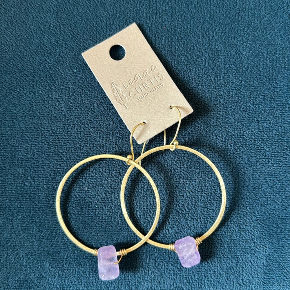 Leslie Curtis Large Gold Hoop Earrings with Purple Crystals